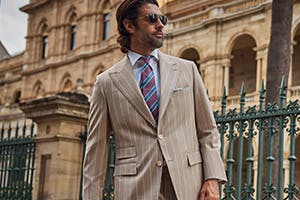 Manhattan Magic: A Punchy Beige Pinstripe Play.
