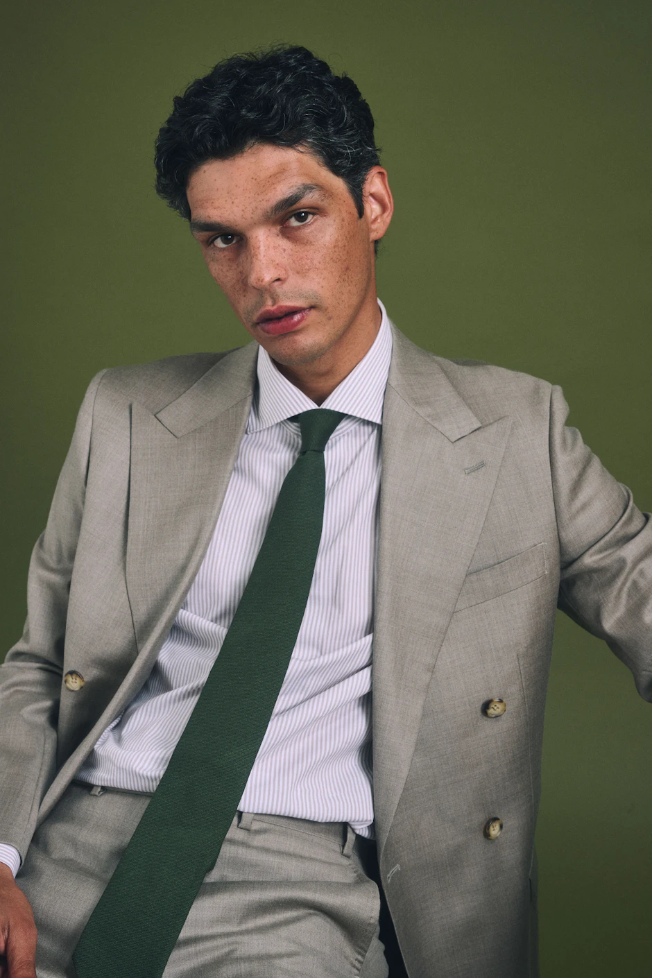 Close view of the Monterosa Loro Piana stone double-breasted wool suit