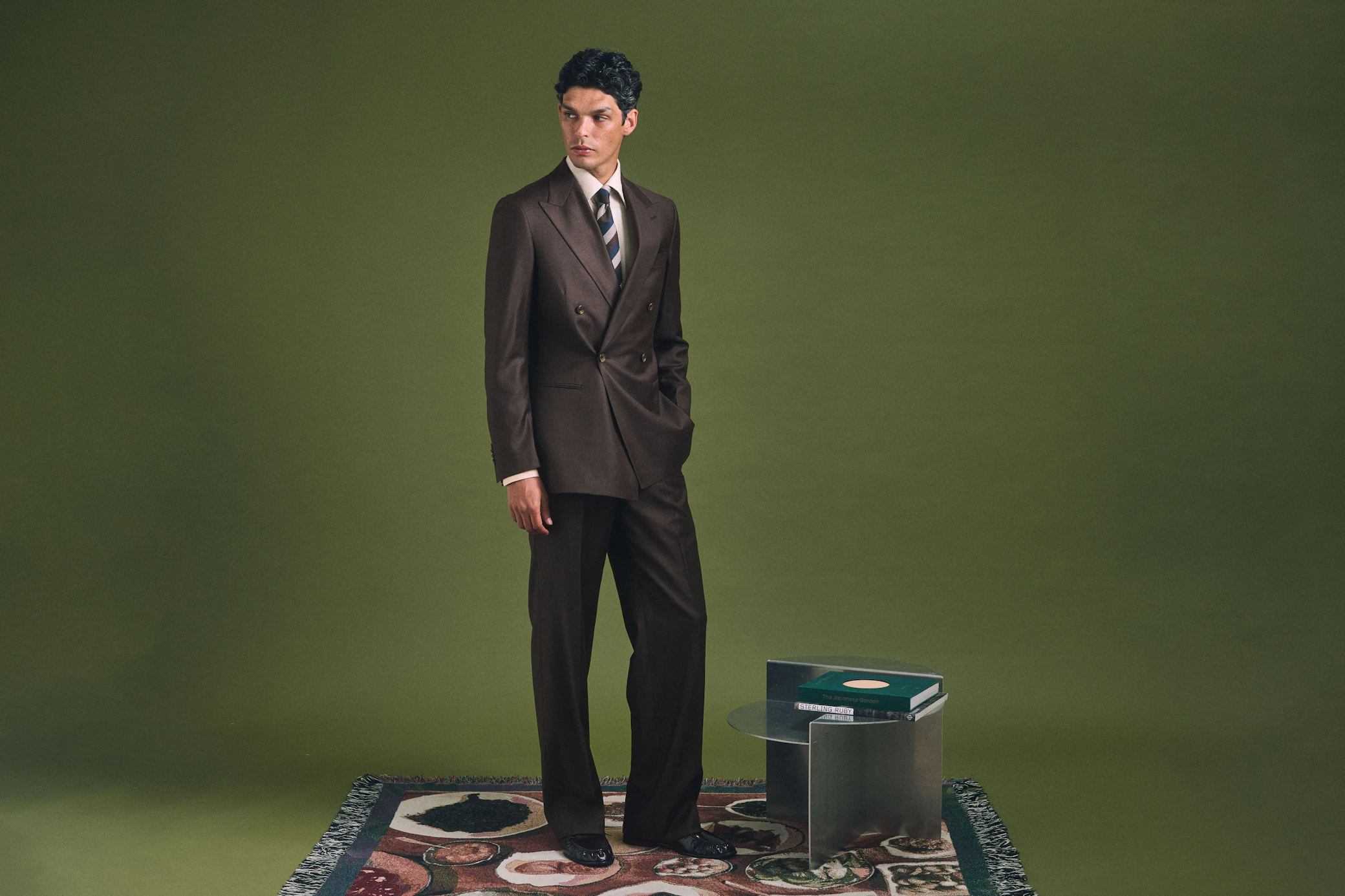 Full-length view of the Piemonte Loro Piana brown wool suit