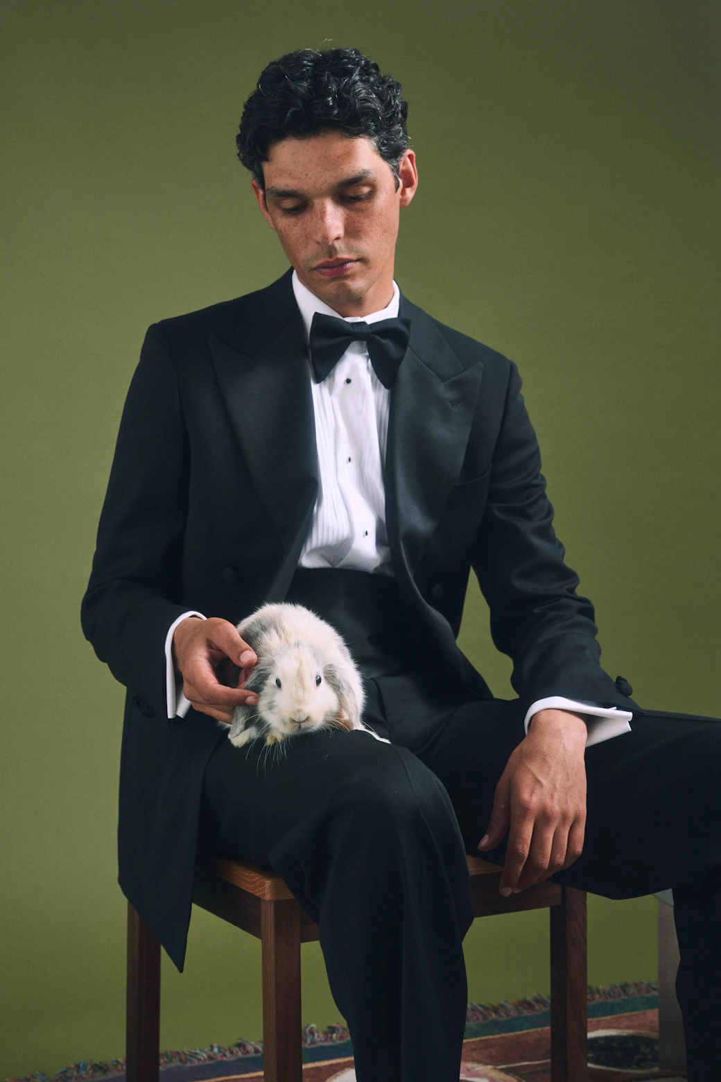 The Quarona Loro Piana black wool tuxedo worn seated, with a cat resting on the lap