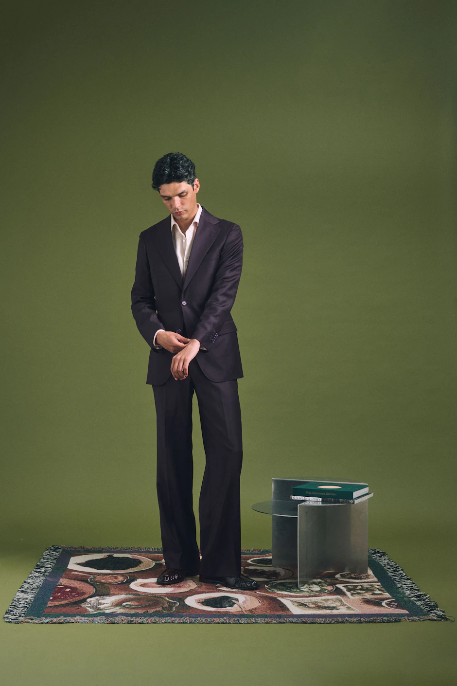 Full-length view of the Valsesia Loro Piana plum wool suit
