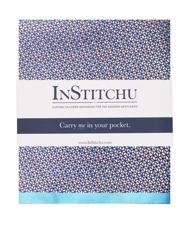 InStitchu Collection The Grumento Geometric Blue and Pink Silk Pocket Square