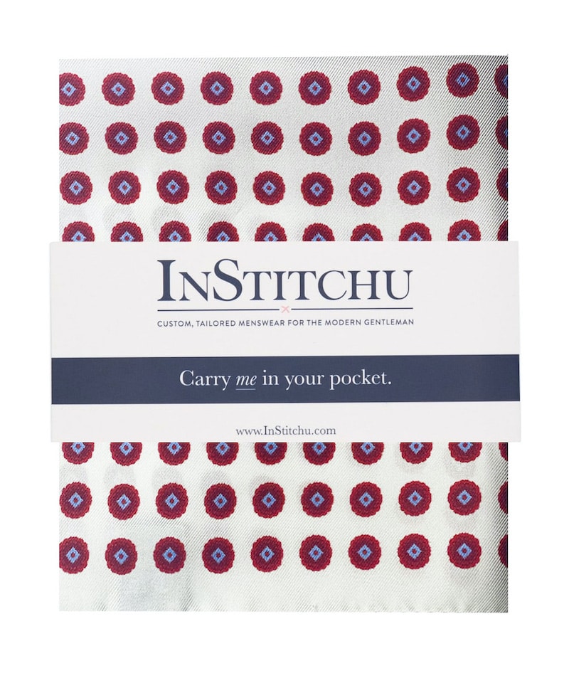 InStitchu Collection The Matera White, Red and Blue Emblem Silk Pocket Square