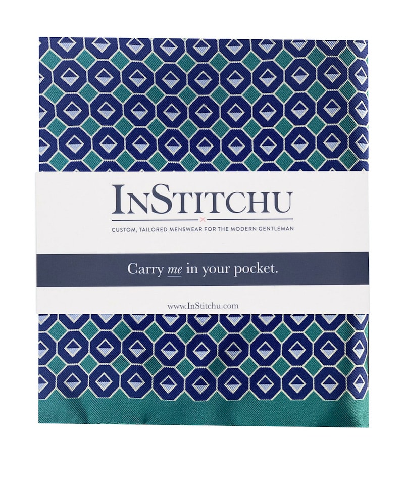 InStitchu Collection The Sarconi Teal Green and Blue Emblem Silk Pocket Square
