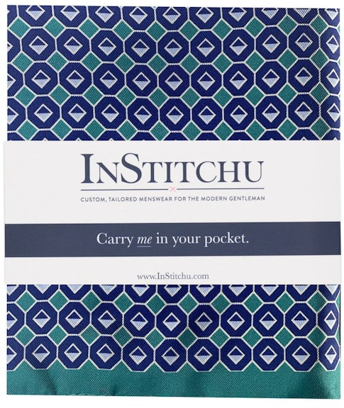 InStitchu Collection The Sarconi Teal Green and Blue Emblem Silk Pocket Square