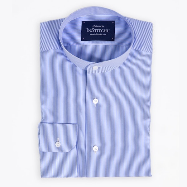 Light Blue/White Fine Striped Band Collar Shirt | Men's Custom Shirt