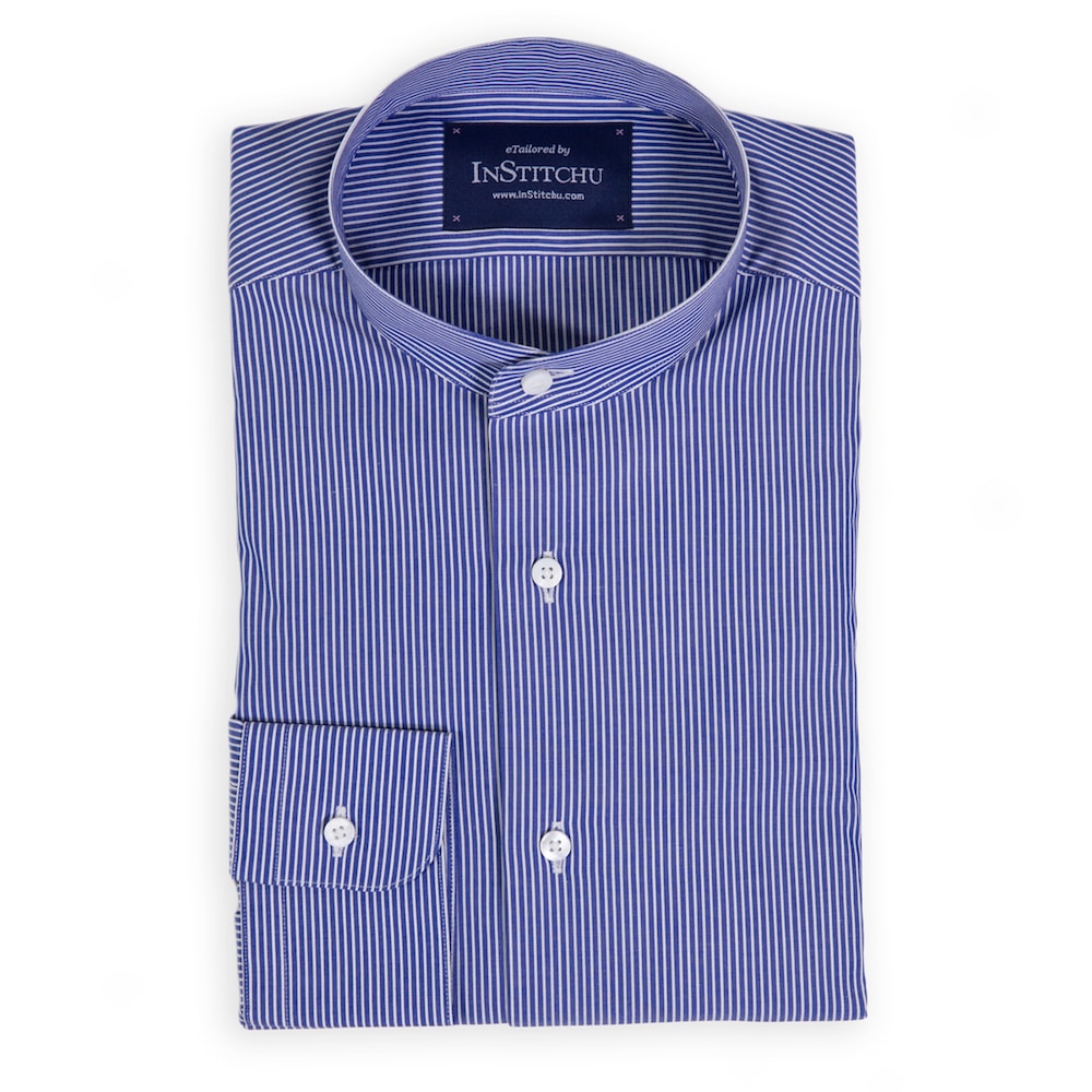 Royal Blue Fine Striped Band-Collar Shirt | Men's Custom Shirt | InStitchu