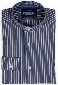 Navy Fine Striped Band-Collar Shirt