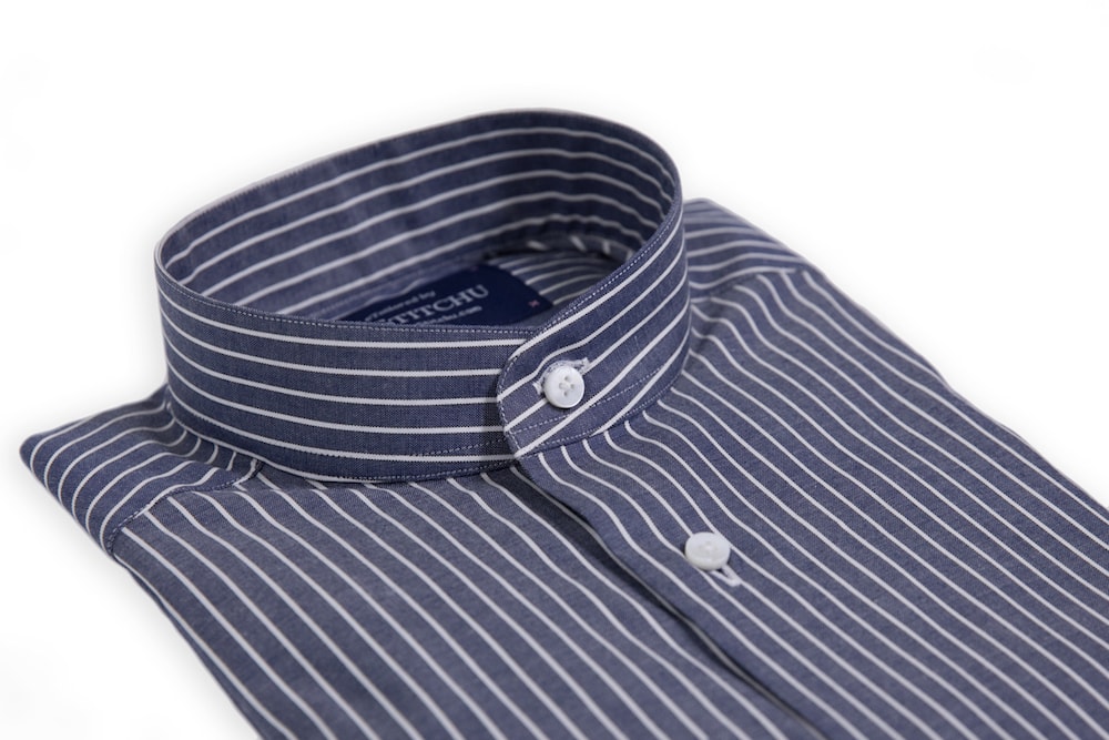 Navy Pinstripe Shirt with Band Collar | Men's Custom Shirt | InStitchu