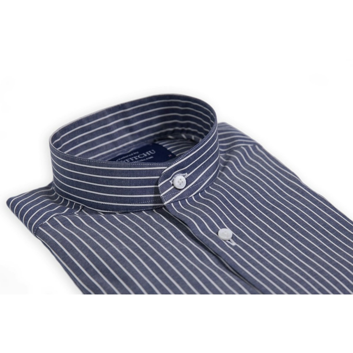 Navy Fine Striped Band-Collar Shirt