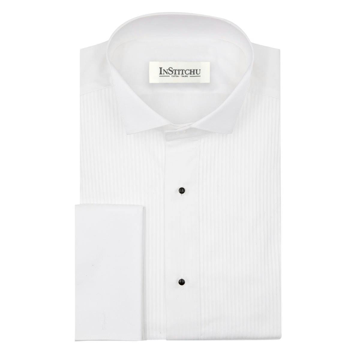 The Gallego White Herringbone Pleated Cotton Tuxedo Shirt