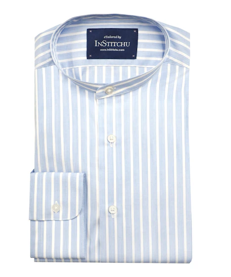 InStitchu Collection The Kingscliff White on Blue Stripe Band Collar Shirt
