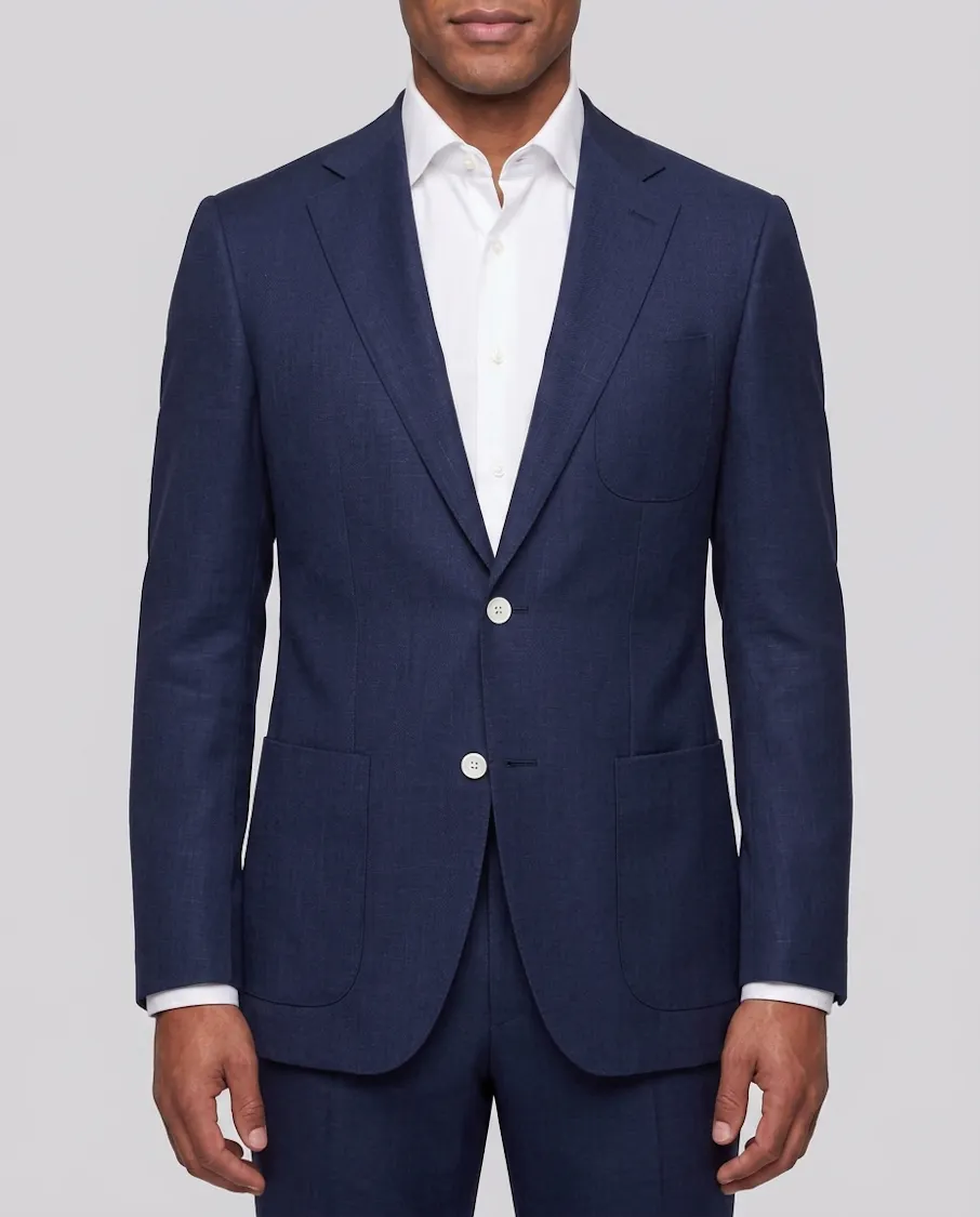 Navy and White Slub Wool Linen Blend Jacket