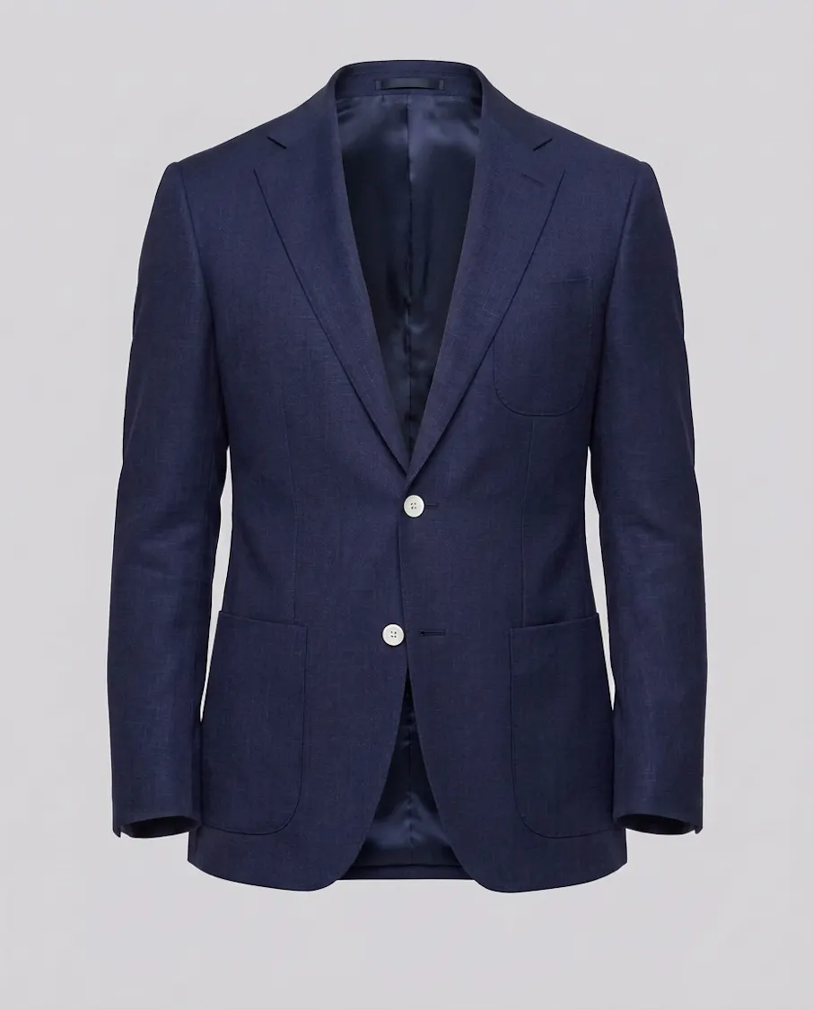 Navy and White Slub Wool Linen Blend Jacket