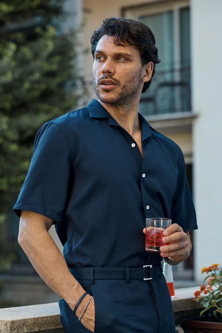 Dante Navy Cotton Seersucker Shirt