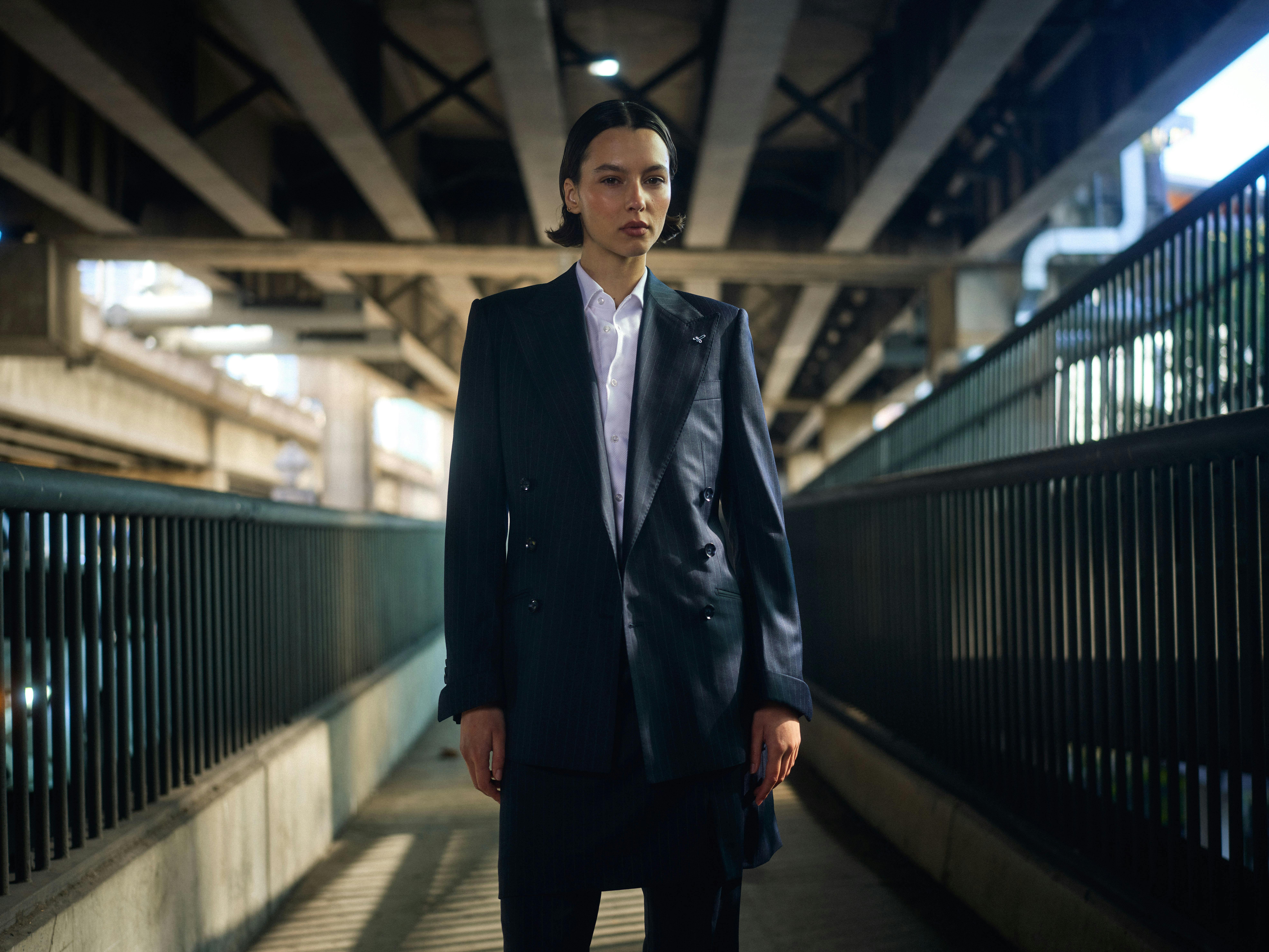 The Karina Pinstripe Suit worn on the move