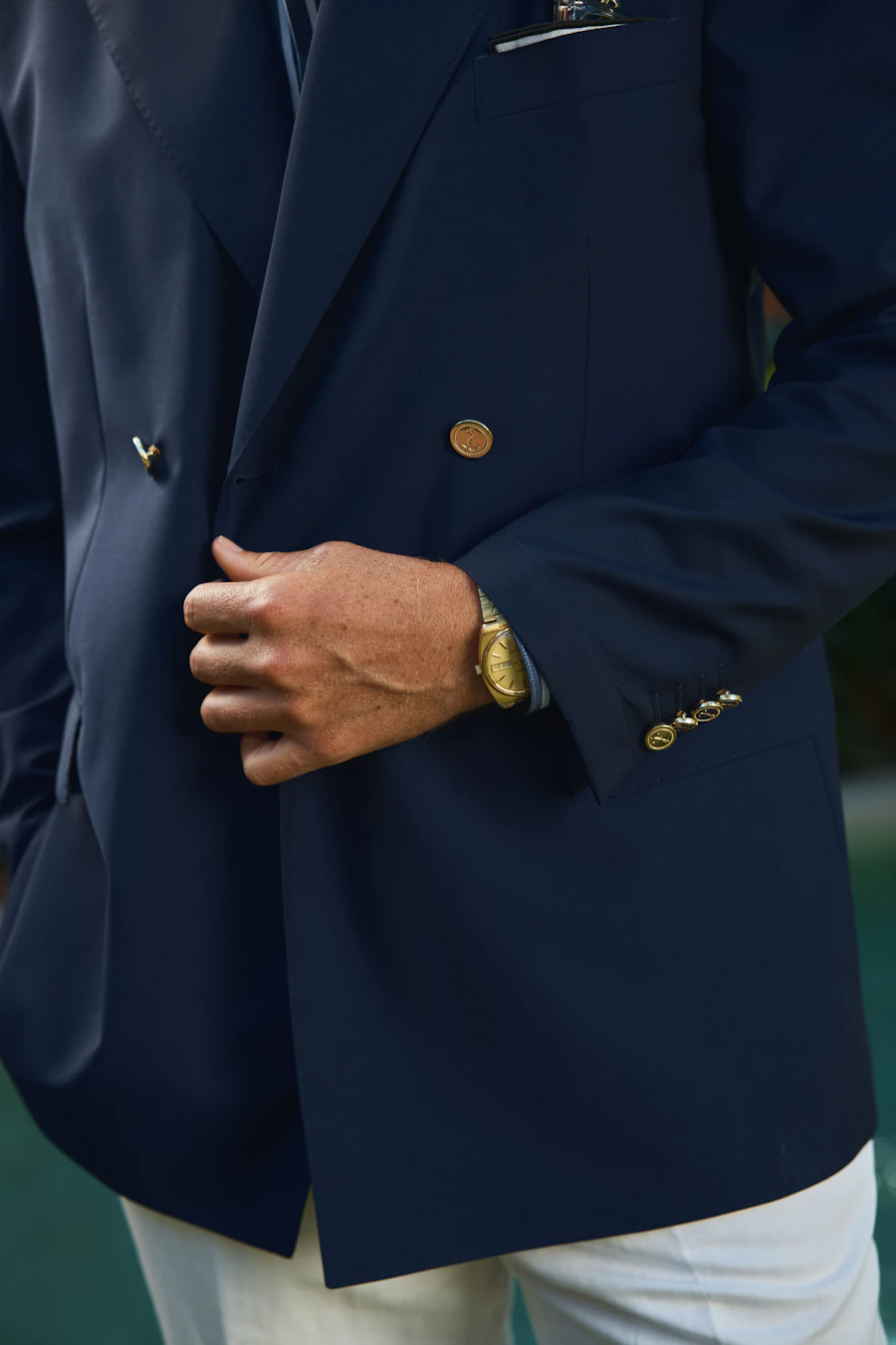 Detail of the Bowen navy wool double-breasted jacket