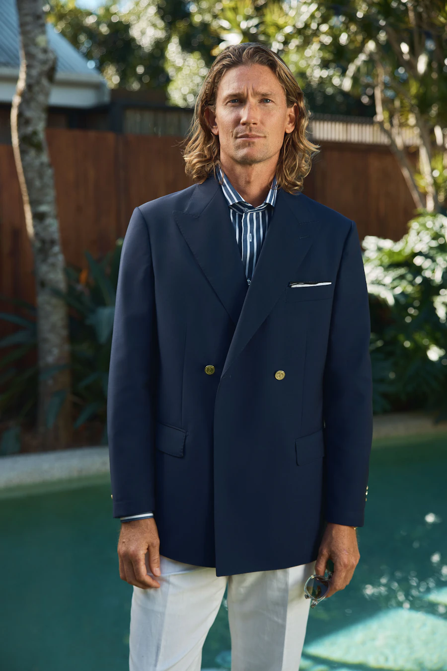 The Bowen navy wool jacket over the Kobe blue striped cotton shirt