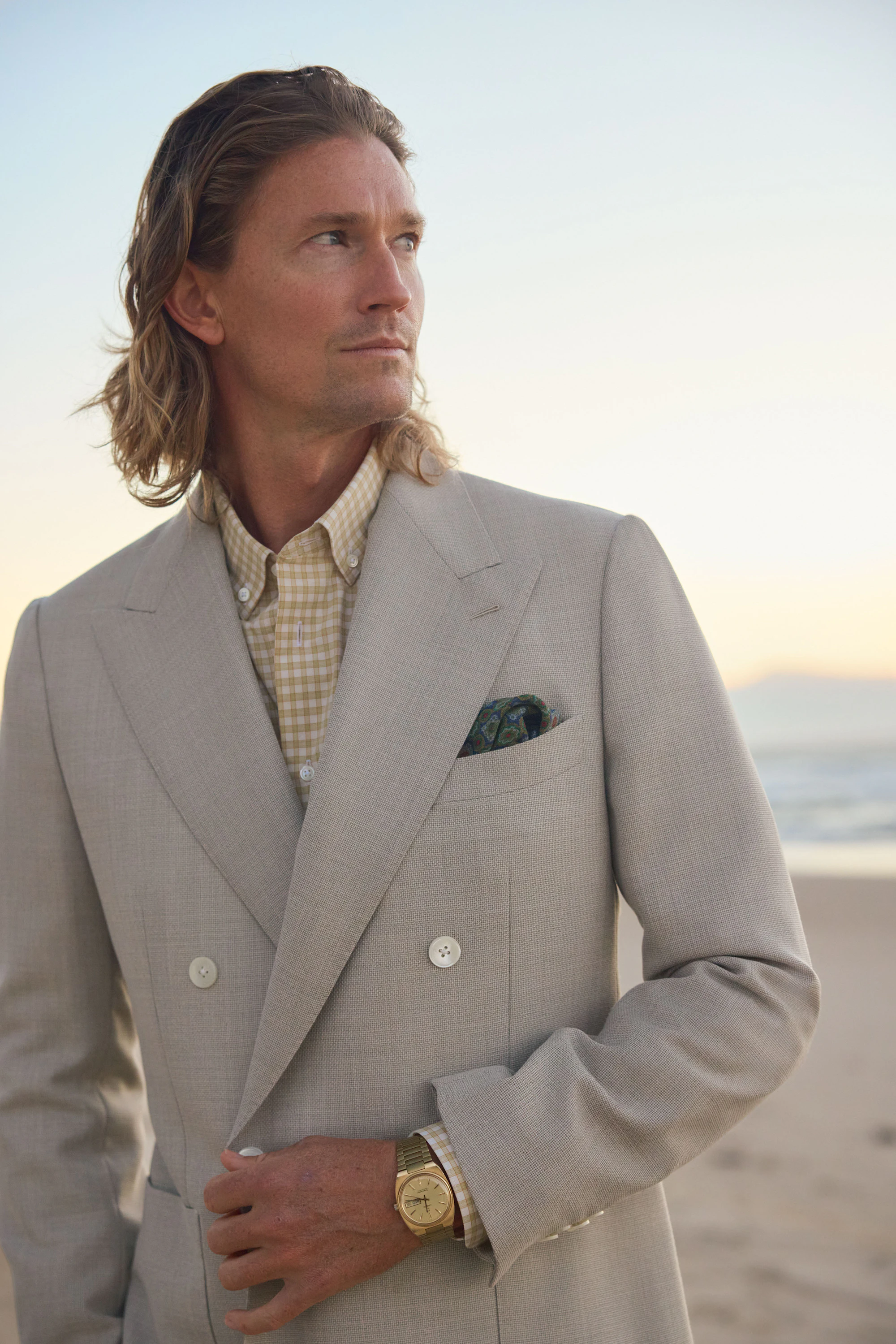 The Weipa light wool jacket over the Nagasaki yellow check shirt, at the coast