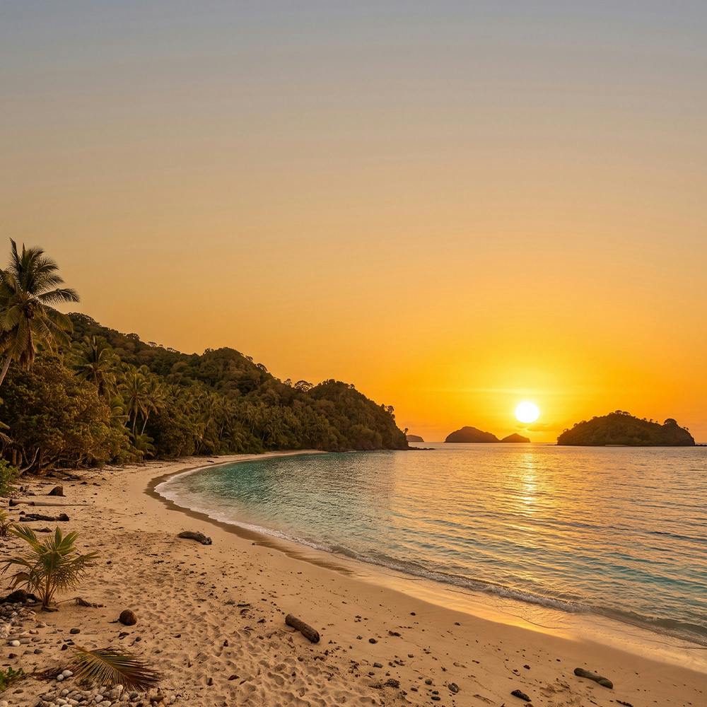 Sunset over a tropical Fiji beach lined with palm trees